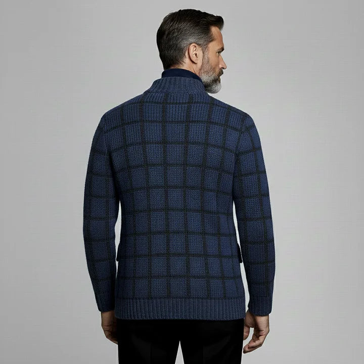 Men's Casual Navy Blue Plaid Asymmetric Single Breasted Ribbed Collar Long Sleeve Knit Cardigan Sweater