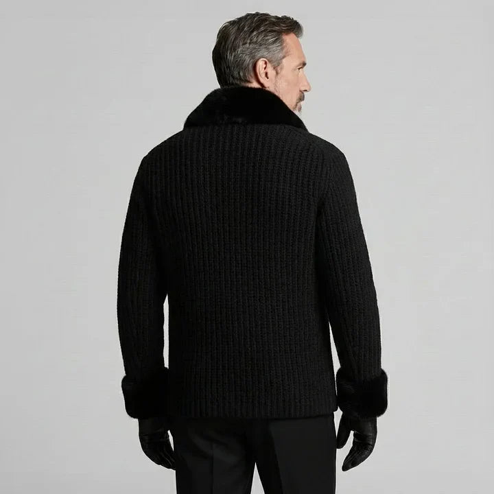 Men's Black Fur Shawl Lapel Long Sleeve Zip Up Knit Cardigans