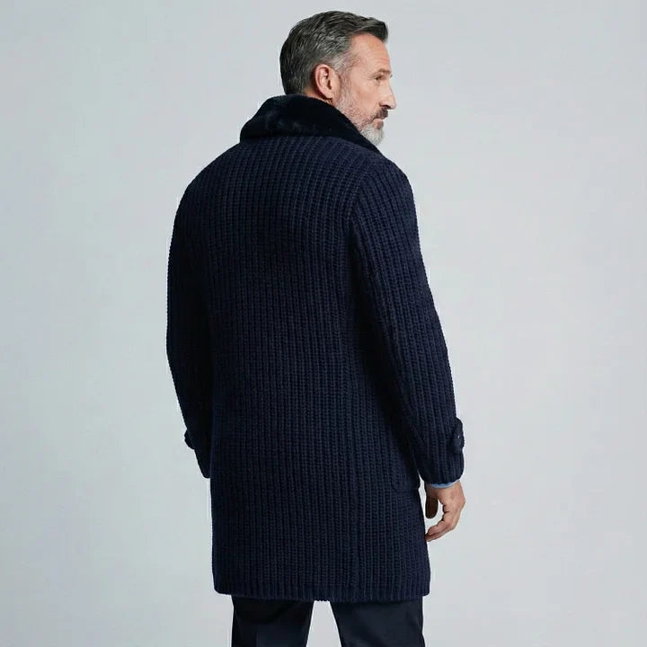 Men's Business Navy Blue Furry Collar Double Breasted Long Sleeve Trench Coats