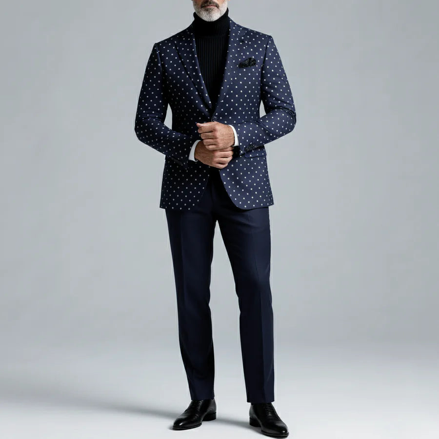 Men's Retro Navy Blue Polka Dot Lapel Button Long Sleeve Blazer & Suit Pants 2Pcs Set