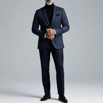 Men's Retro Navy Blue Polka Dot Lapel Button Long Sleeve Blazer & Suit Pants 2Pcs Set