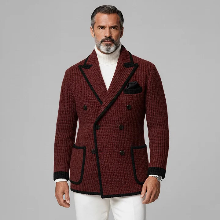 Men's Burgundy Knitted Peak Lapel Double Breasted Long Sleeve Pocket Contrast Trim Blazer