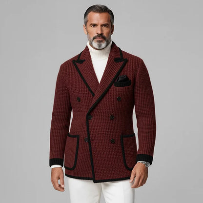 Men's Burgundy Knitted Peak Lapel Double Breasted Long Sleeve Pocket Contrast Trim Blazer