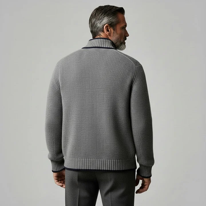 Men's Casual Gray Stand Collar Contrast Binding Long Sleeve Single Breasred Pocket Knit Sweater Cardigans