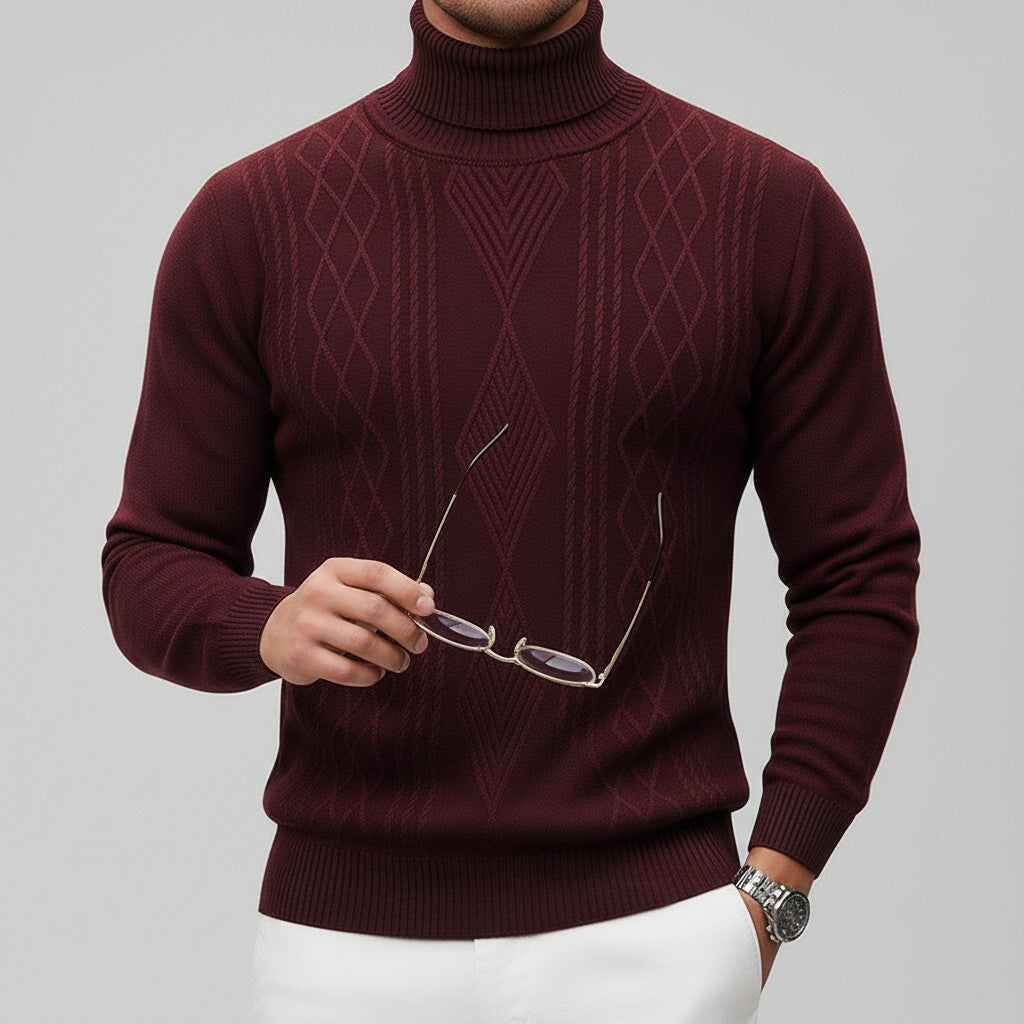 Men's Casual Solid Argyle High Neck Long Sleeve Knit Sweater