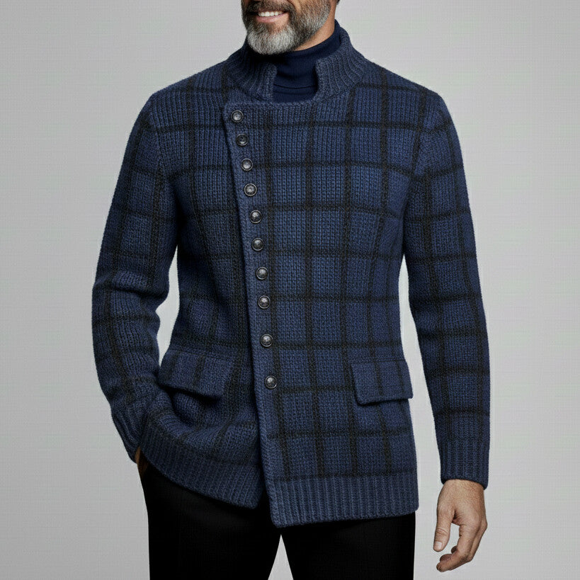 Men's Casual Navy Blue Plaid Asymmetric Single Breasted Ribbed Collar Long Sleeve Knit Cardigan Sweater