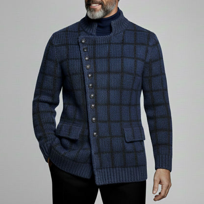 Men's Casual Navy Blue Plaid Asymmetric Single Breasted Ribbed Collar Long Sleeve Knit Cardigan Sweater