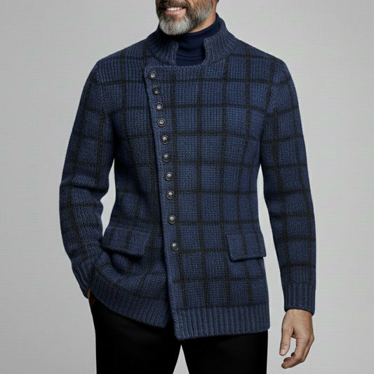 Men's Casual Navy Blue Plaid Asymmetric Single Breasted Ribbed Collar Long Sleeve Knit Cardigan Sweater