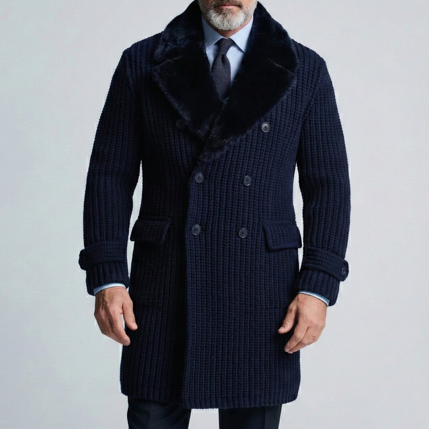 Men's Business Navy Blue Furry Collar Double Breasted Long Sleeve Trench Coats