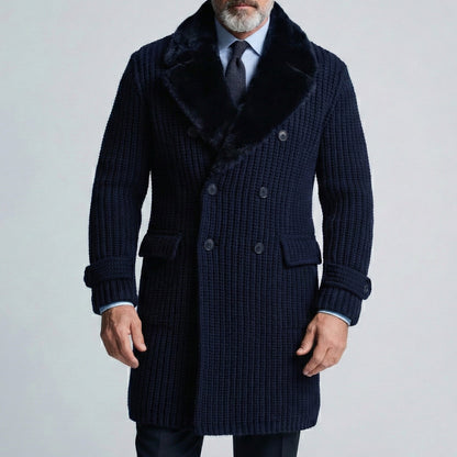 Men's Business Navy Blue Furry Collar Double Breasted Long Sleeve Trench Coats