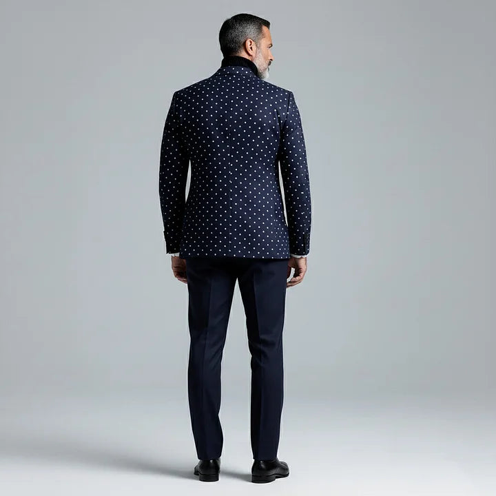 Men's Retro Navy Blue Polka Dot Lapel Button Long Sleeve Blazer & Suit Pants 2Pcs Set