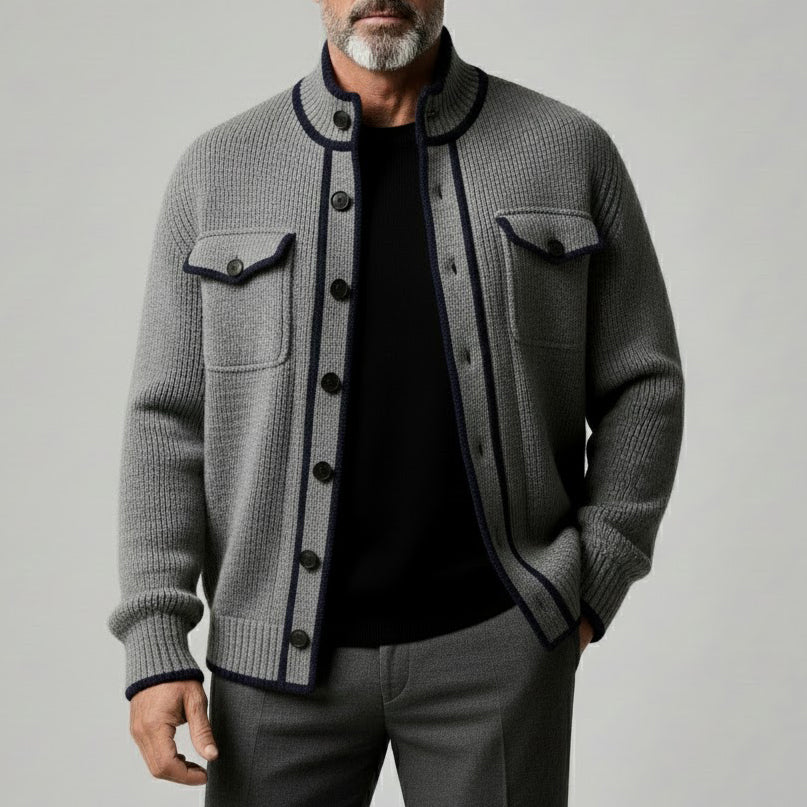 Men's Casual Gray Stand Collar Contrast Binding Long Sleeve Single Breasred Pocket Knit Sweater Cardigans