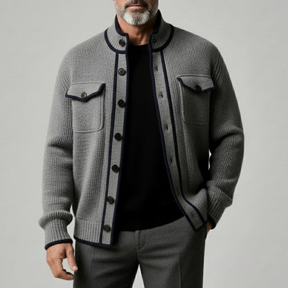 Men's Casual Gray Stand Collar Contrast Binding Long Sleeve Single Breasred Pocket Knit Sweater Cardigans