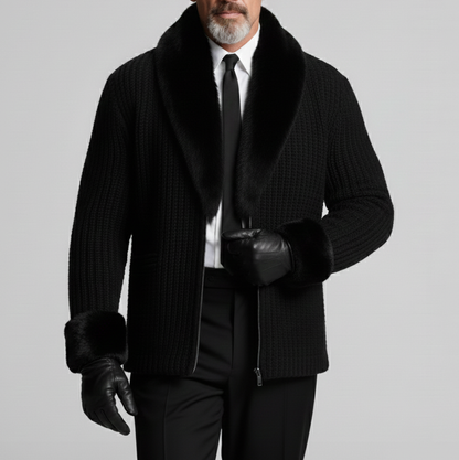 Men's Black Fur Shawl Lapel Long Sleeve Zip Up Knit Cardigans