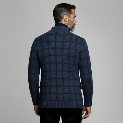 Men's Casual Navy Blue Plaid Asymmetric Single Breasted Ribbed Collar Long Sleeve Knit Cardigan Sweater
