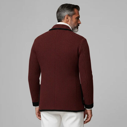Men's Burgundy Knitted Peak Lapel Double Breasted Long Sleeve Pocket Contrast Trim Blazer